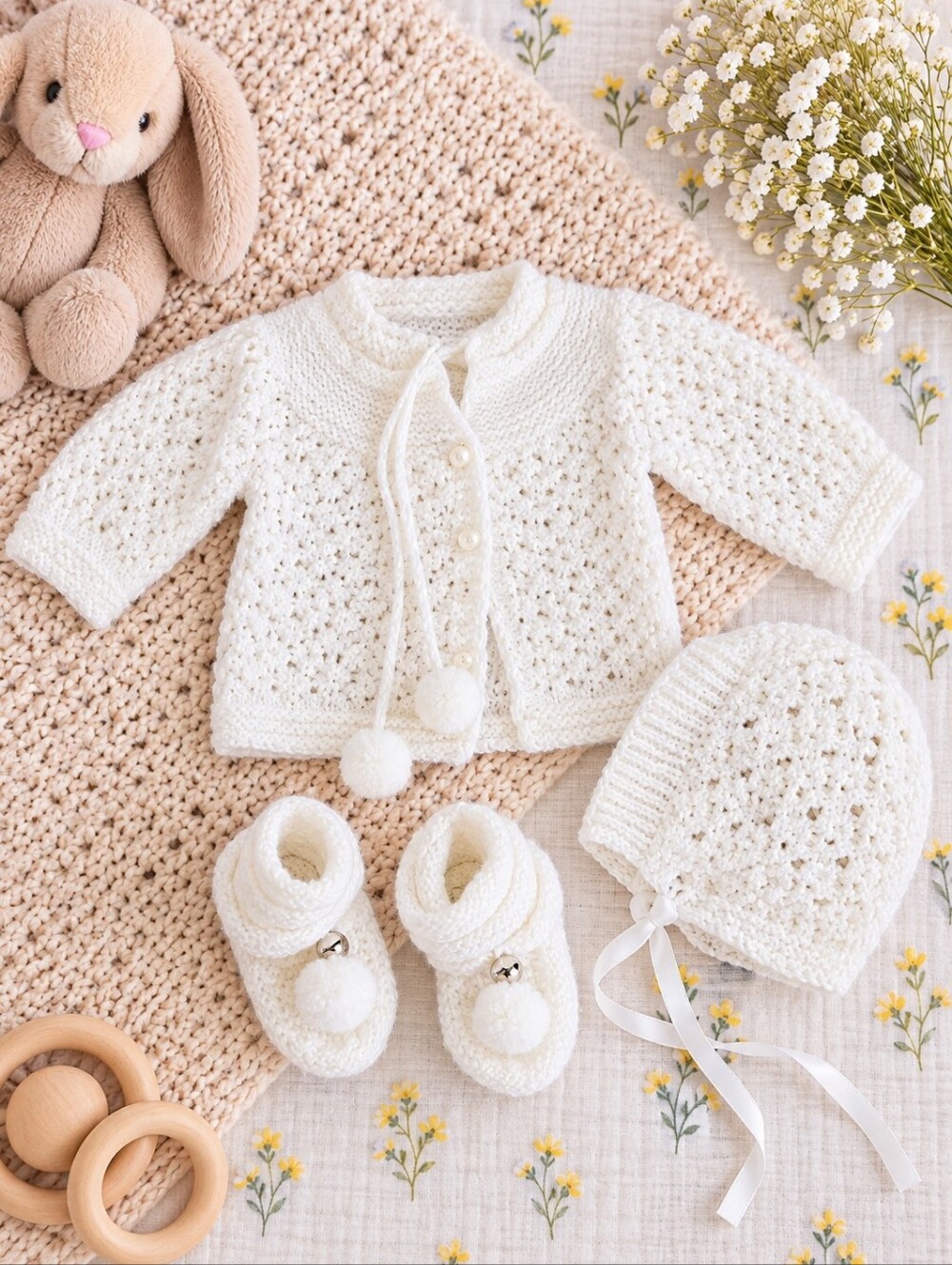 Vintage Hand Knit Baby Layette Set White Cardigan Bonnet Booties Newborn